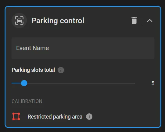 Parking control rule card with Event Name field, Parking slots total set to 5, and Restricted parking area calibration option