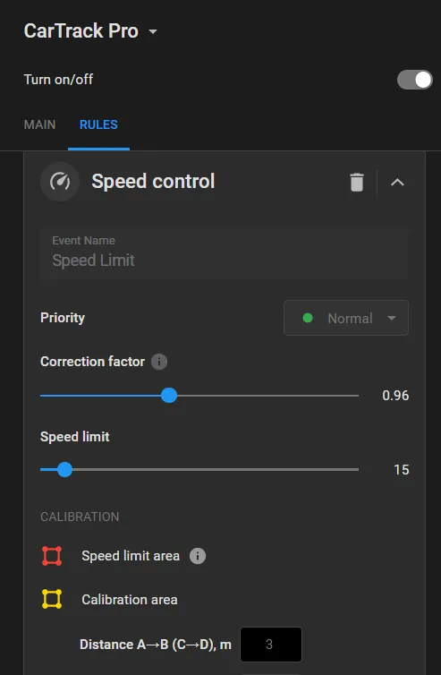 Speed control rule card with Event Name, Priority, Correction factor and Speed limit sliders, and Region of control and Region of calibration options