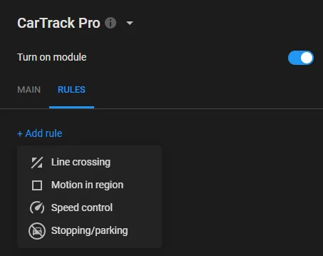 Add rule menu on the CarTrack Pro Rules tab, listing Line crossing, Motion in region, Speed control, and Stopping/parking