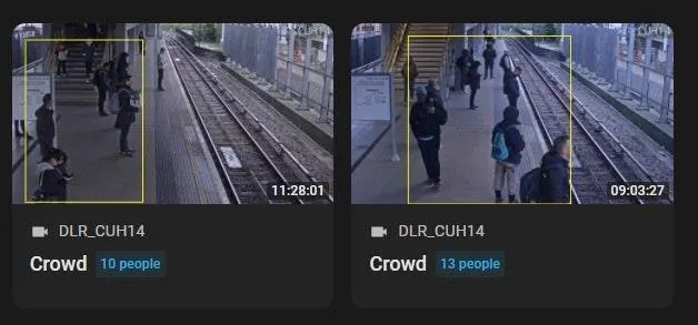 Two Crowd event cards for camera DLR_CUH14 with bounding boxes around groups of people, showing 10 people and 13 people