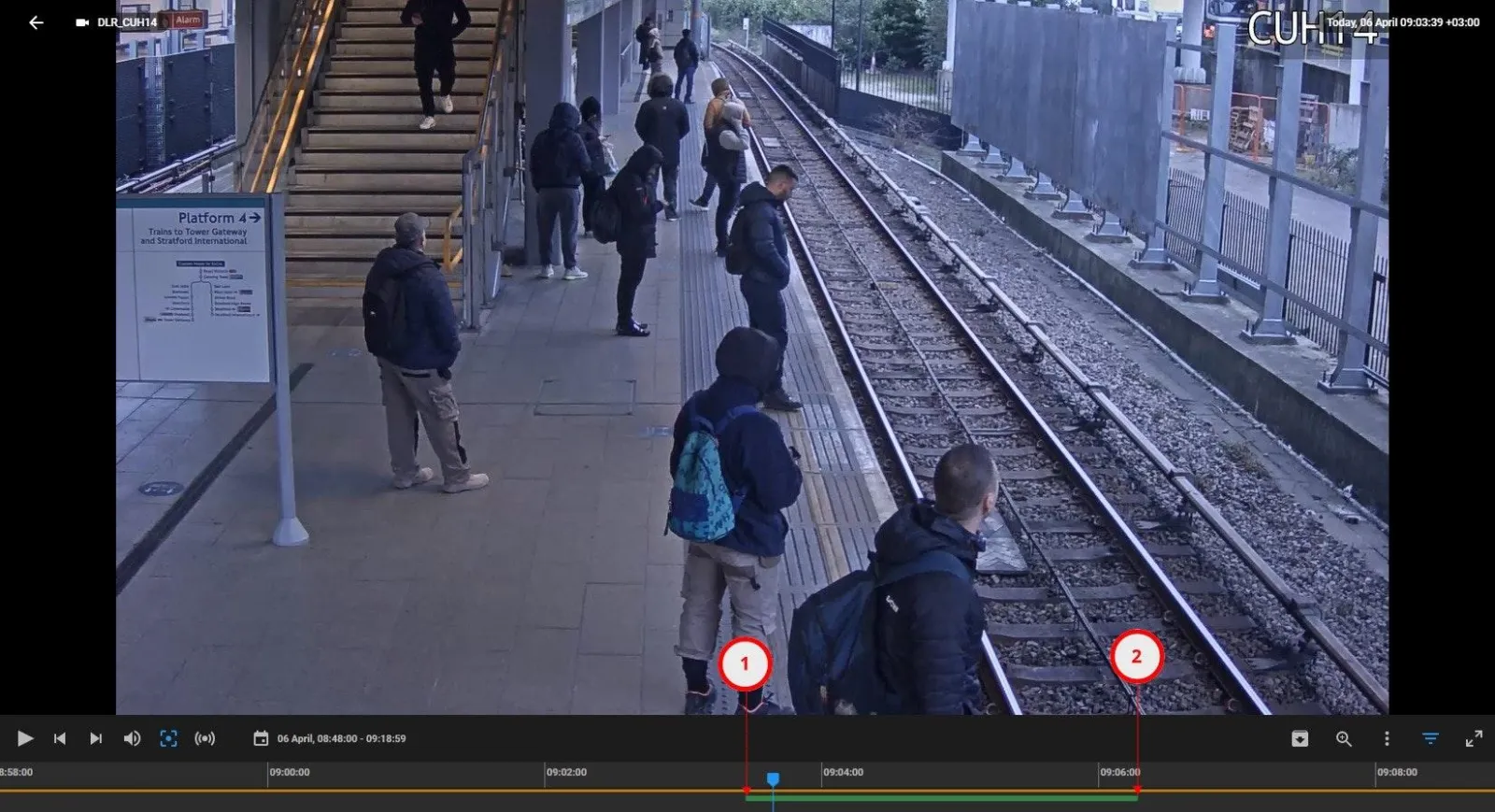 Playback of a platform camera with timeline markers 1 and 2 showing when the crowd built up and dissipated