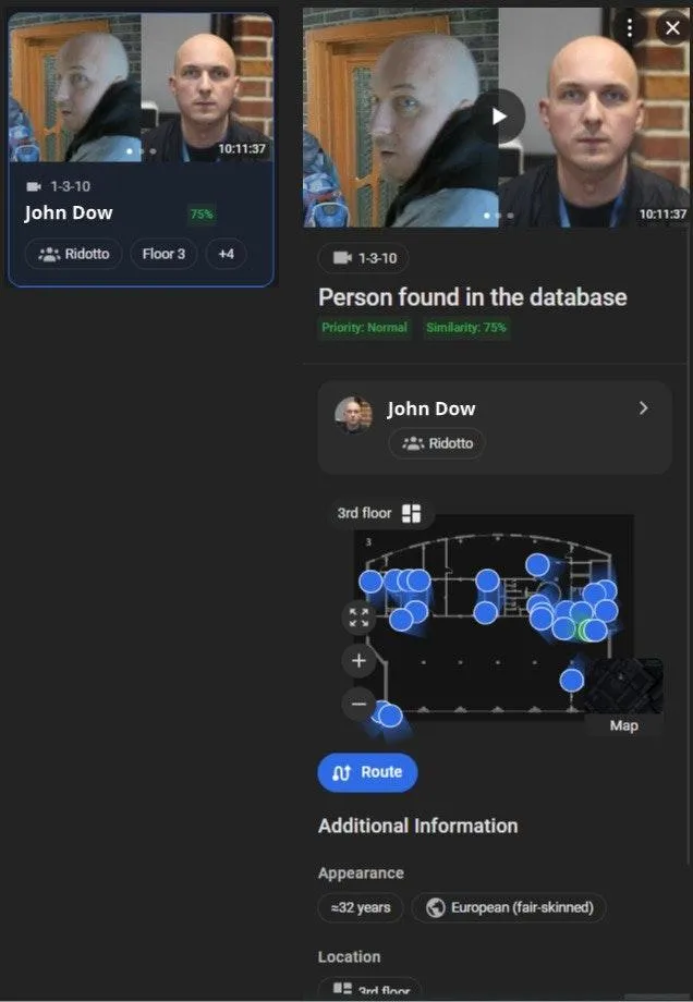 Alarm verification pane showing a matched person's photo, name, similarity score, appearance features, and location on a floor map