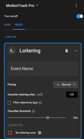 Loitering rule card with Event Name field, Priority set to Normal, Consider loitering after 120 seconds, Filter objects by type checkbox, Classifier threshold slider at 70%, and No loitering zone calibration option
