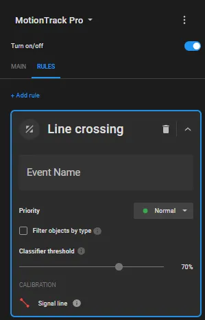 Line crossing rule card with Event Name field, Priority set to Normal, Filter objects by type checkbox, Classifier threshold slider at 70%, and Signal line calibration option