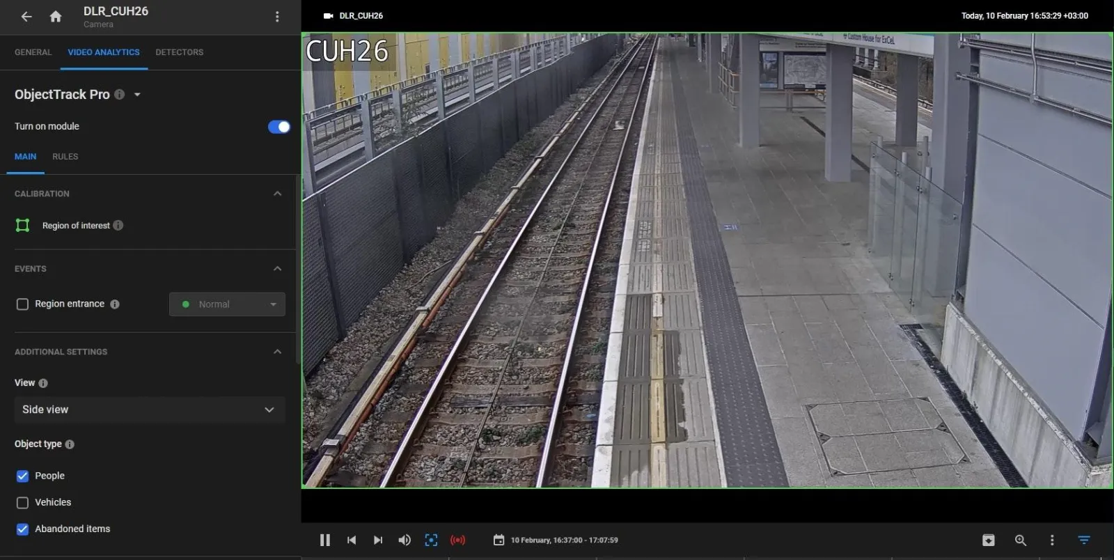 ObjectTrack Pro MAIN sub-tab over a rail platform camera feed, with Region of interest calibration and Region entrance event, and Object type set to People and Abandoned items