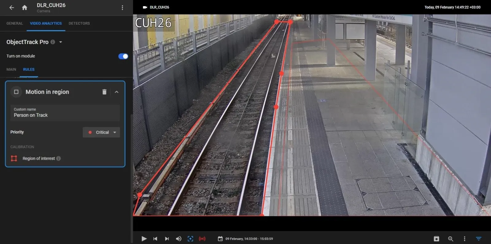 Motion in region rule card named Person on Track with Priority set to Critical, over a rail platform camera feed with the region of interest outlined in red along the track