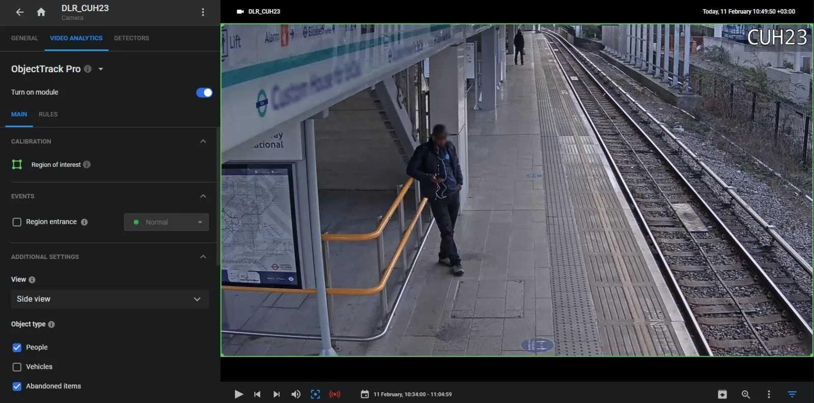 ObjectTrack Pro MAIN sub-tab over a station platform camera feed showing a person, with Object type set to People and Abandoned items