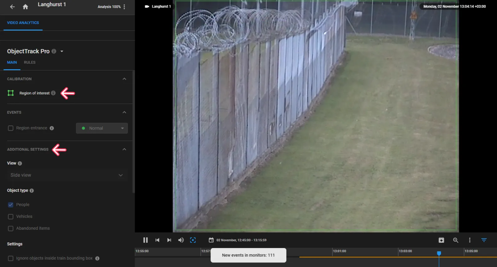 MAIN sub-tab over a perimeter fence camera feed with arrows pointing to the Region of interest and Additional settings sections