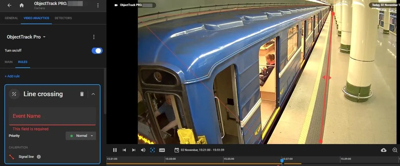 Line crossing rule card with an empty required Event Name field, over a station platform camera feed with a red signal line drawn across the platform edge