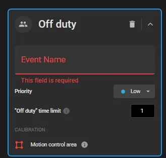 Off duty rule card with an empty required Event Name field, Priority set to Low, and Off-duty time limit set to 1