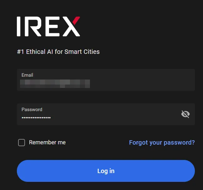 IREX sign-in screen with email and password fields, a Remember me checkbox, and the Log in button