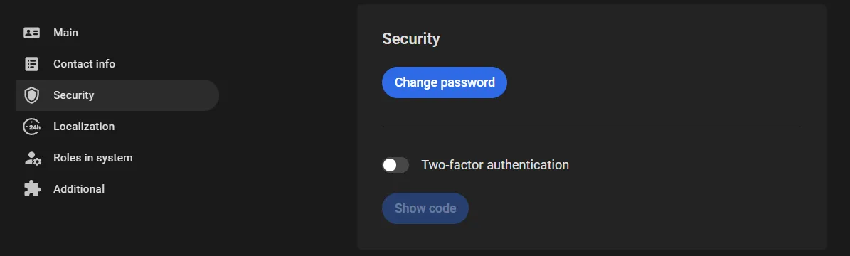 Profile Security screen with the Two-factor authentication toggle and Change password button