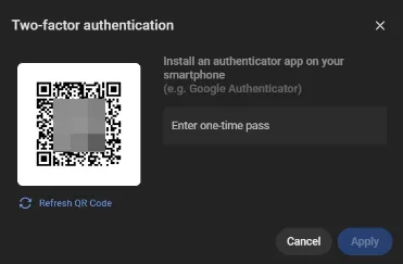 Two-factor authentication dialog showing the QR code and the one-time pass entry field