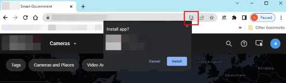 Browser address bar with the install icon highlighted and the Install app confirmation popup open