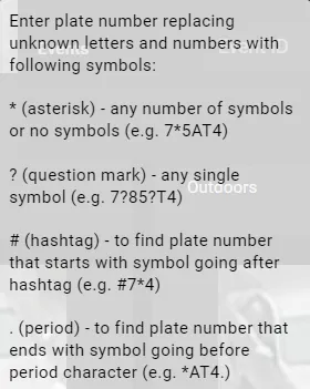 Pop-up explaining license plate wildcard symbols: asterisk, question mark, hashtag, and period