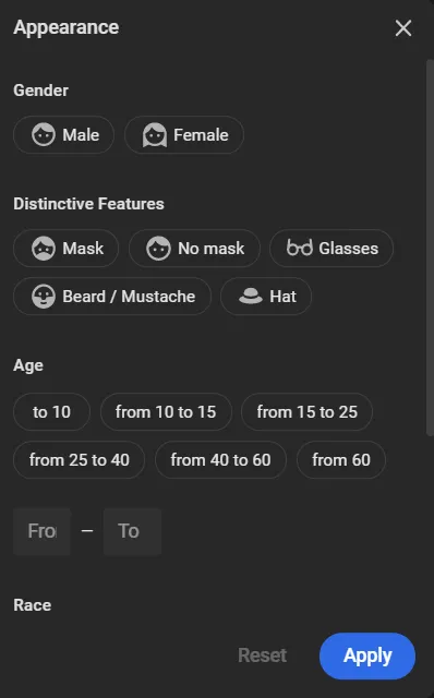 Appearance filter panel showing Gender, Distinctive Features, Age range, and Race options