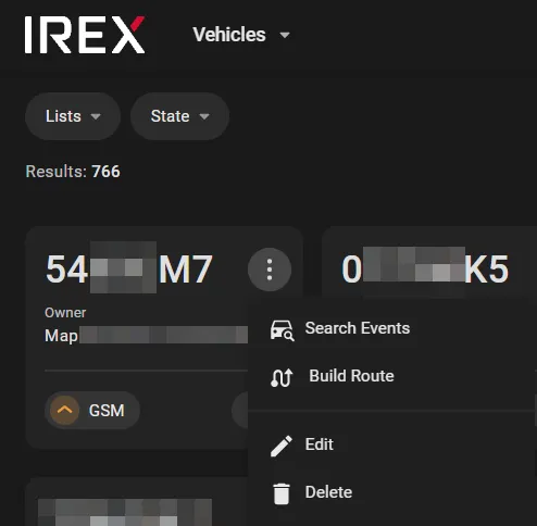 Vehicle card three-dot menu showing Search Events, Build Route, Edit, and Delete options