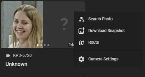 Event card three-dot menu showing Search Photo, Download Snapshot, Route, and Camera Settings options