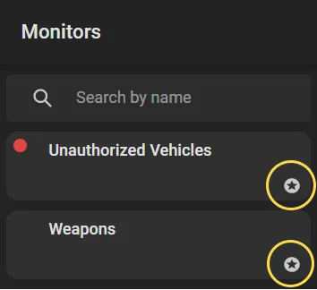 Monitors list with the star (favorite) icon highlighted on the Unauthorized Vehicles and Weapons monitors