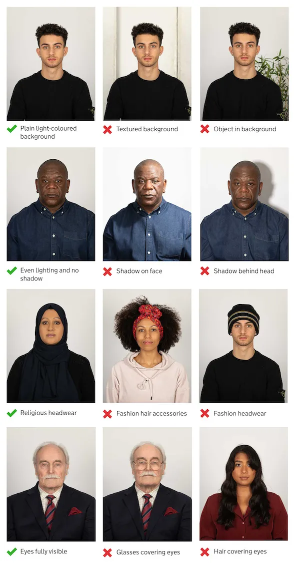 Grid of enrollment photo examples marked correct or incorrect: plain light background vs. textured or busy backgrounds, even lighting vs. shadows, religious headwear allowed vs. fashion accessories and headwear, and fully visible eyes vs. glasses or hair covering the eyes