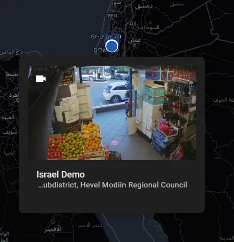 Map with a camera preview pop-up showing a live video feed of a shop interior labeled Israel Demo