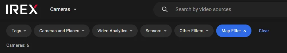 Filter toolbar with Tags, Cameras and Places, Video Analytics, Sensors, Other Filters, and an active Map Filter