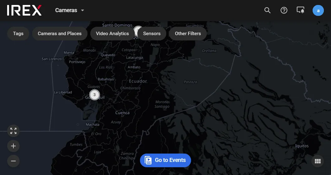 Map view of cameras with a cluster marker and the filter toolbar and Go to Events button