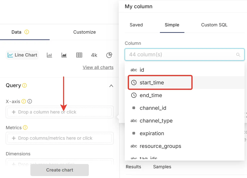 X-axis column picker for My column with start_time highlighted in the list of 44 columns