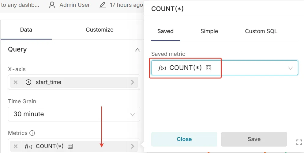Metrics panel with the Saved metric COUNT(*) highlighted next to the Time Grain set to 30 minute