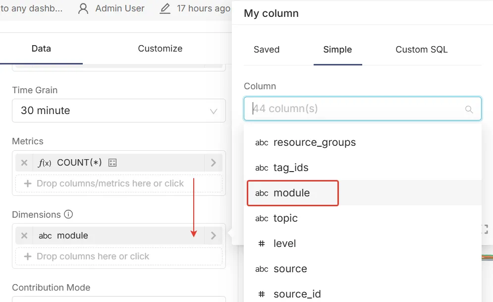 Dimensions column picker with module highlighted in the list of database columns