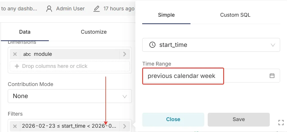 Filters panel with the Time Range set to previous calendar week under the start_time column
