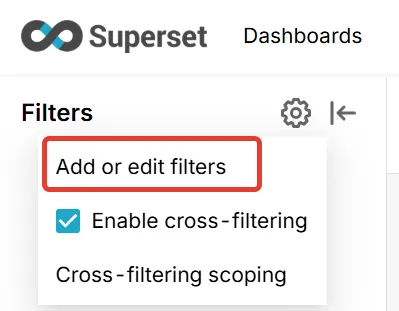 Filters sidebar menu with Add or edit filters highlighted above Enable cross-filtering and Cross-filtering scoping