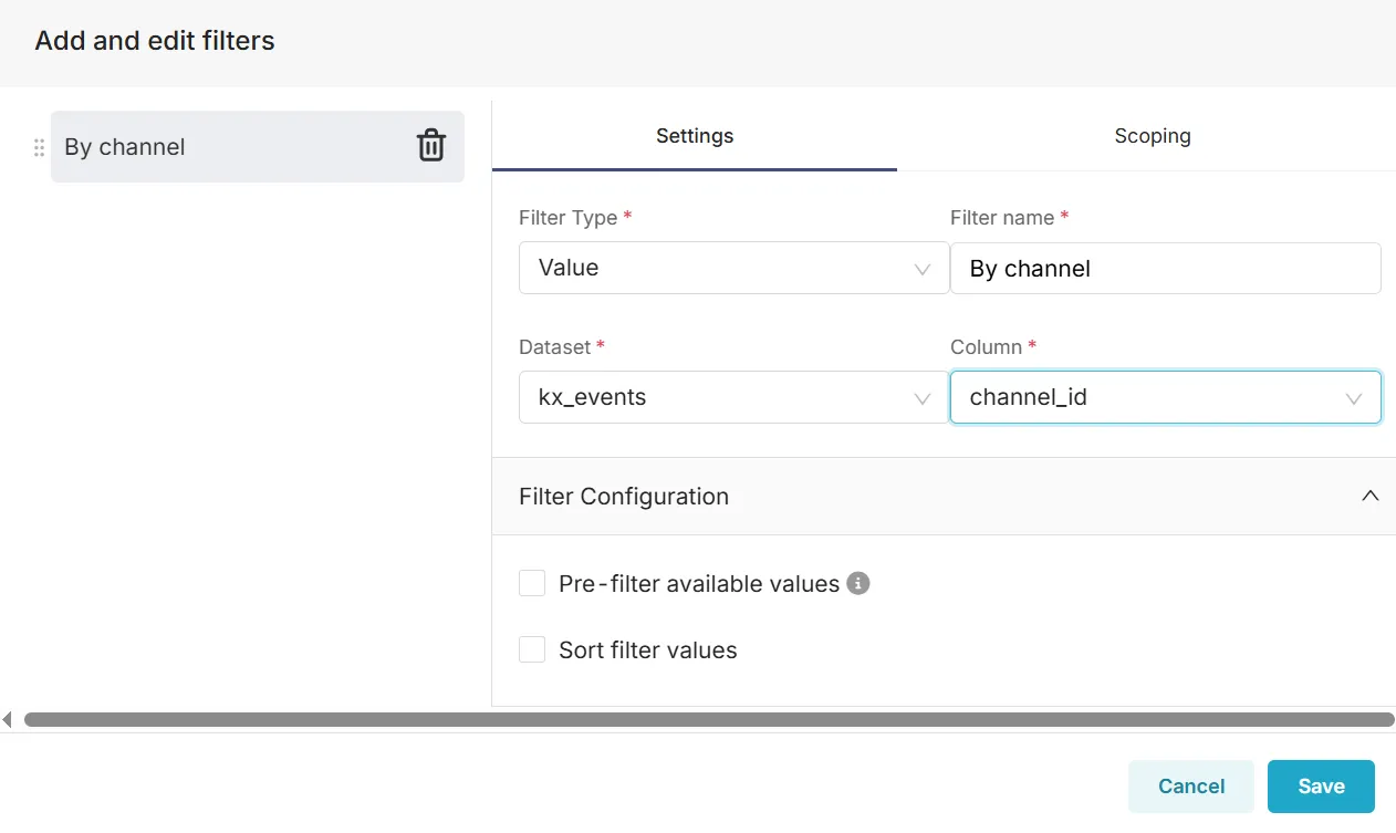 Add and edit filters dialog with the By channel filter named, Dataset set to kx_events, and Column set to channel_id