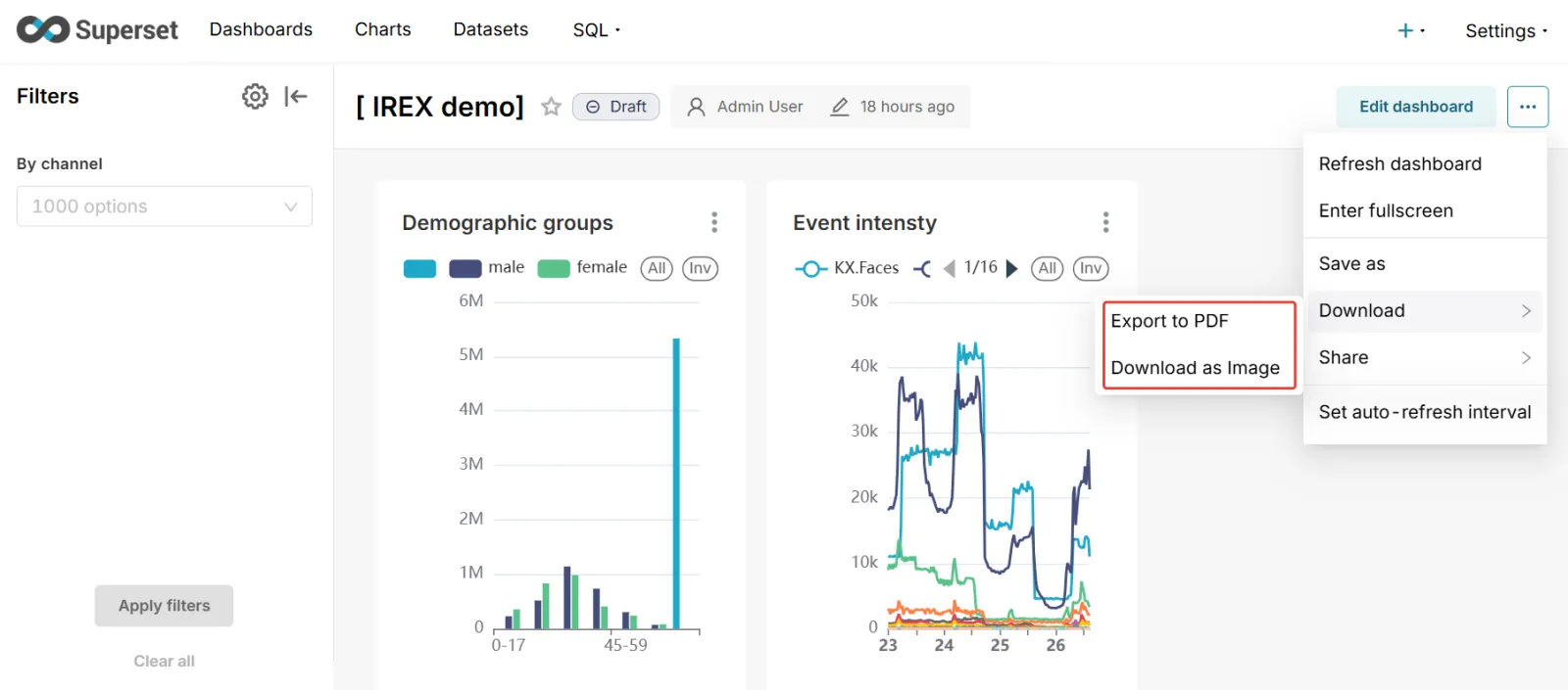 Apache Superset dashboard three-dot menu with the Download submenu open, showing Export to PDF and Download as Image