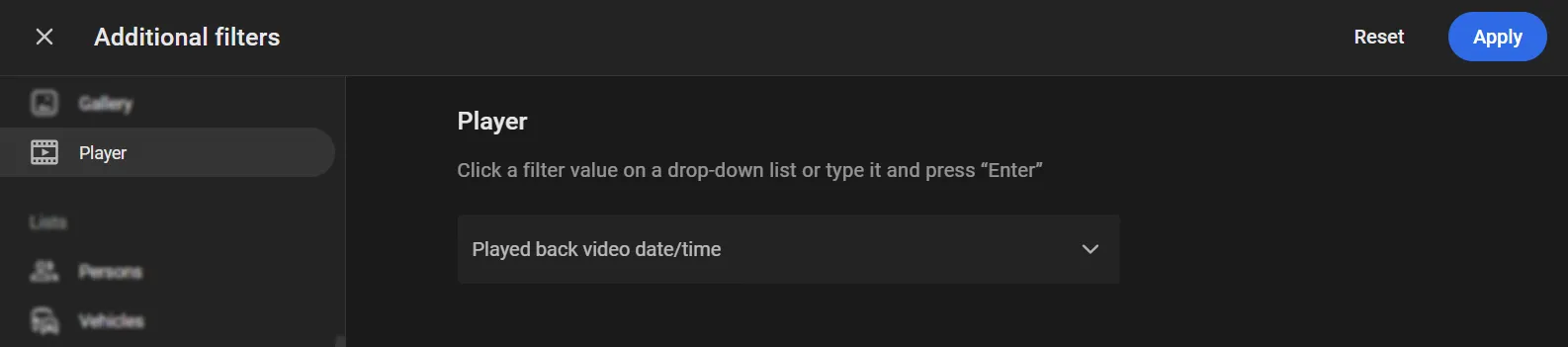 Additional filters, Player tab — Played back video date/time