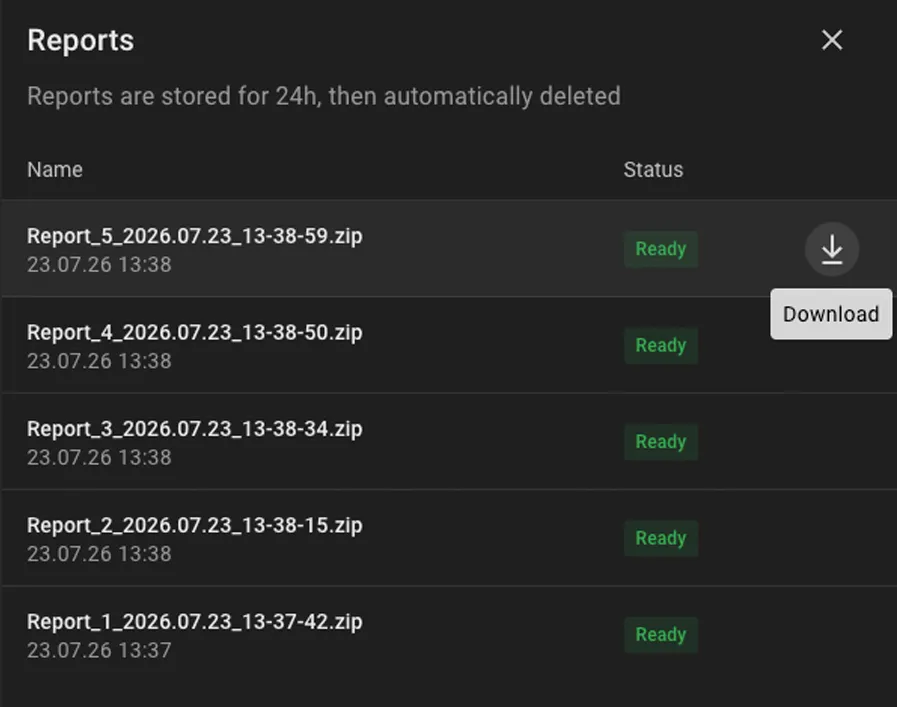 Reports window — Ready status and download