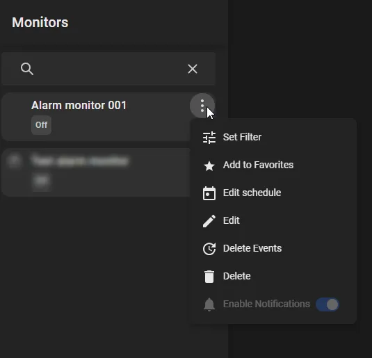 Alarm monitors — options menu on the monitor list