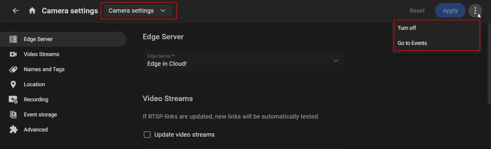 Camera settings — switch to Video Analytics settings; options Turn off and Go to Events