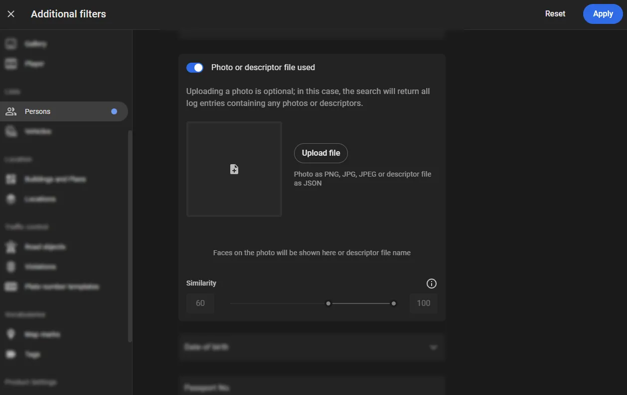 Additional filters, Persons tab — Photo or descriptor file used