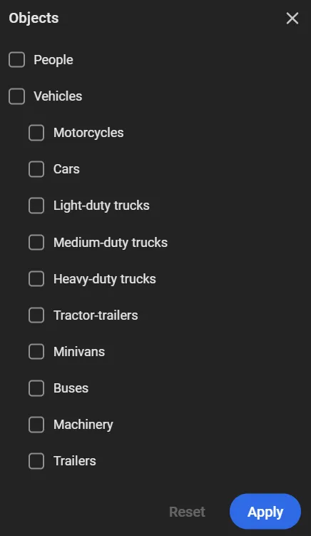 Objects filter — People and vehicle types