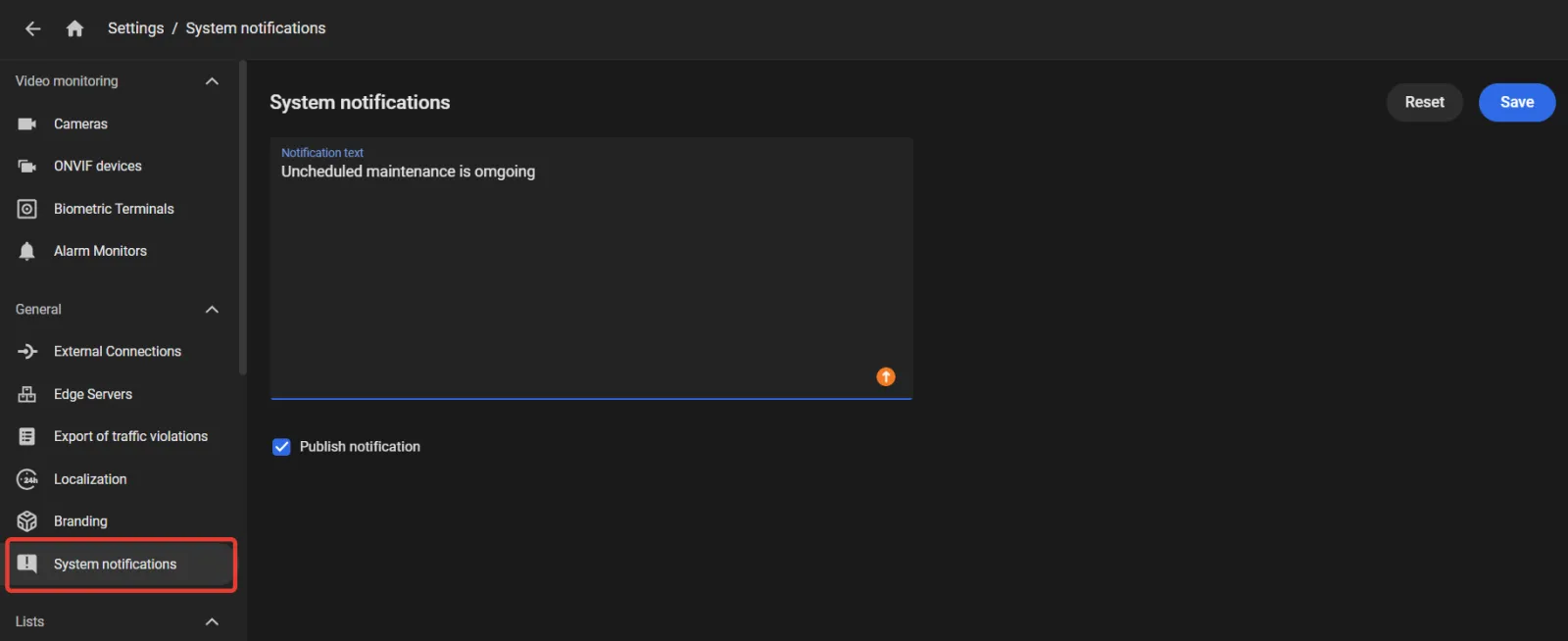 System notifications settings with notification text entered and the Publish notification checkbox checked, next to the Save button
